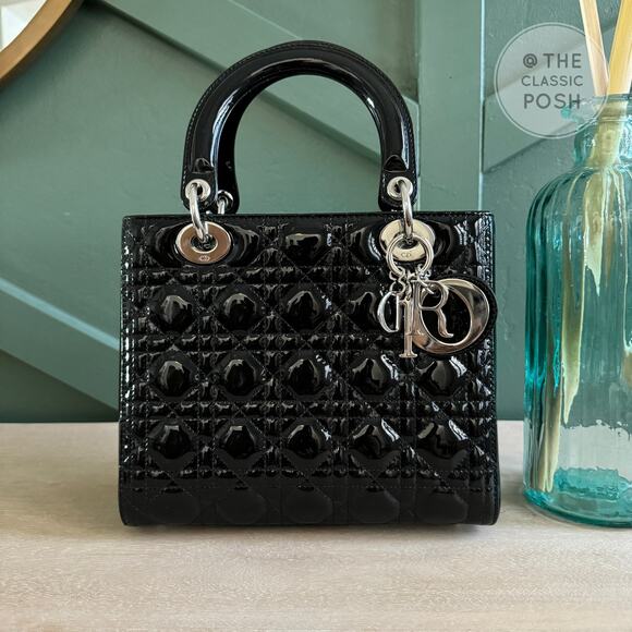 ❌SOLD❌ EUC Christian Dior Lady Patent Medium Black Silver Crossbody Bag 2017 - Picture 2 of 16